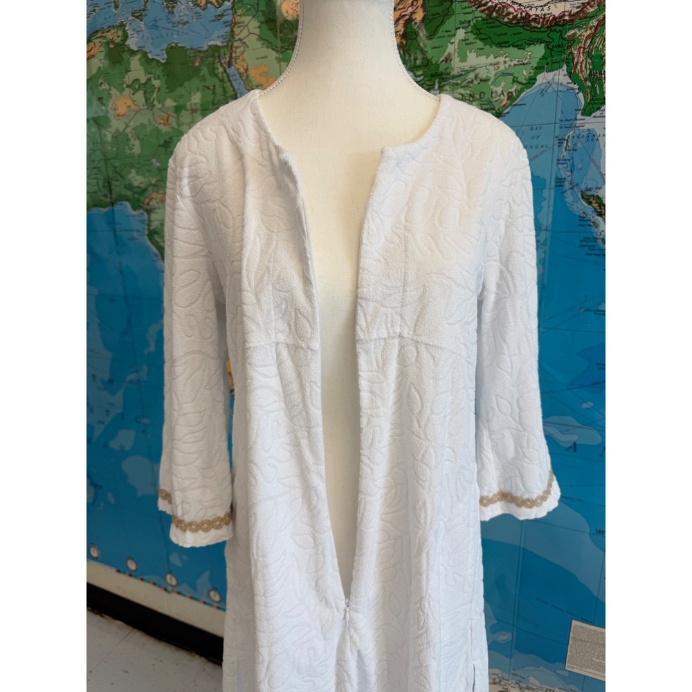 Lilly Pulitzer Womens White Terry Cloth Tunic Dress Gold Trim Floral Embossed M